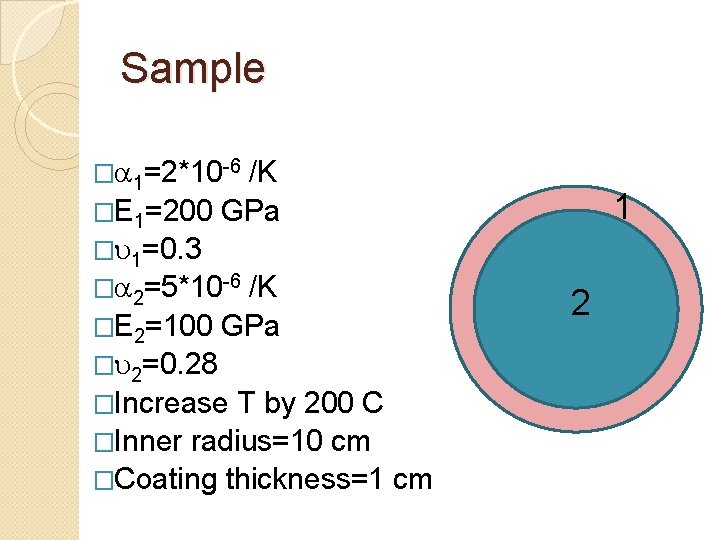 Sample � 1=2*10 -6 /K �E 1=200 GPa � 1=0. 3 � 2=5*10 -6