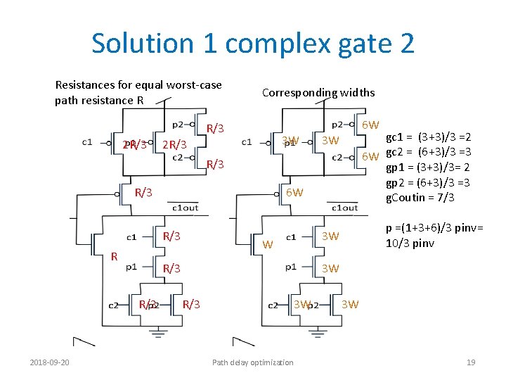 Solution 1 complex gate 2 Resistances for equal worst-case path resistance R Corresponding widths