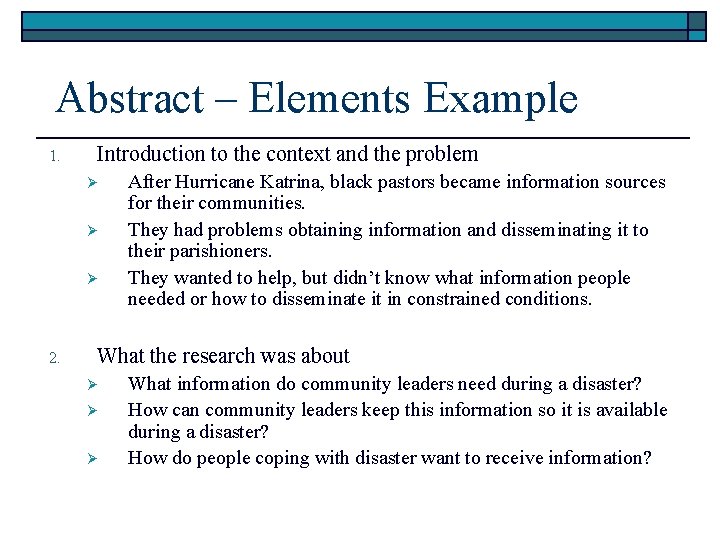 Abstract – Elements Example 1. Introduction to the context and the problem Ø Ø