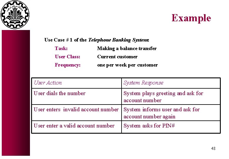 Example Use Case # 1 of the Telephone Banking System: Task: Making a balance Example Use Case # 1 of the Telephone Banking System: Task: Making a balance