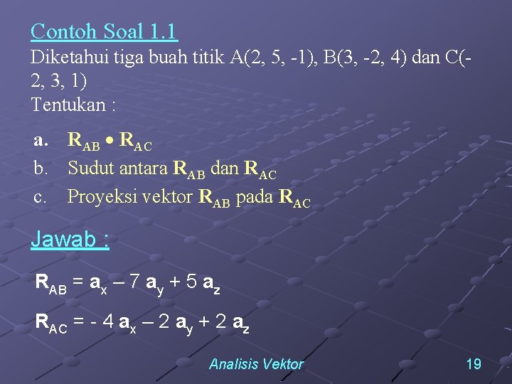 Contoh Soal 1. 1 Diketahui tiga buah titik A(2, 5, 1), B(3, 2, 4)