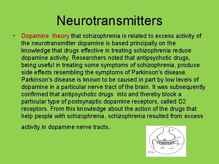 Neurotransmitters • Dopamine theory that schizophrenia is related to excess activity of the neurotransmitter