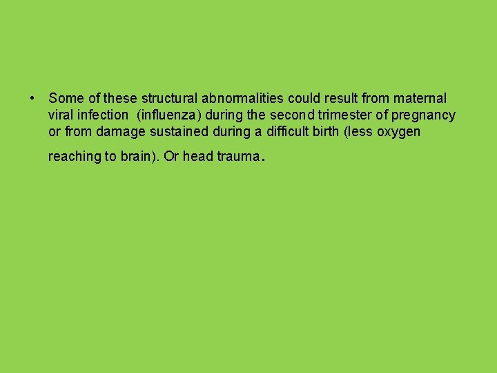  • Some of these structural abnormalities could result from maternal viral infection (influenza)