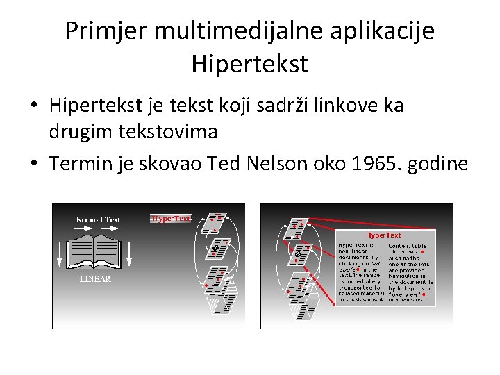 Primjer multimedijalne aplikacije Hipertekst • Hipertekst je tekst koji sadrži linkove ka drugim tekstovima