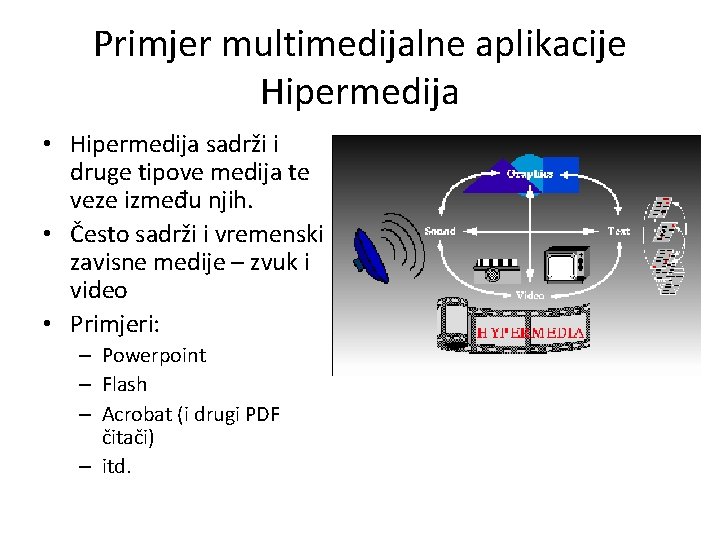 Primjer multimedijalne aplikacije Hipermedija • Hipermedija sadrži i druge tipove medija te veze između