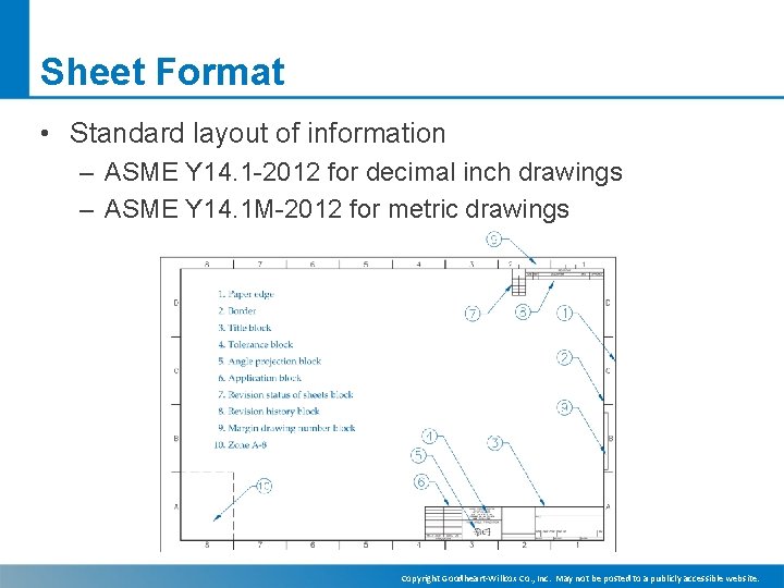 Sheet Format • Standard layout of information – ASME Y 14. 1 -2012 for