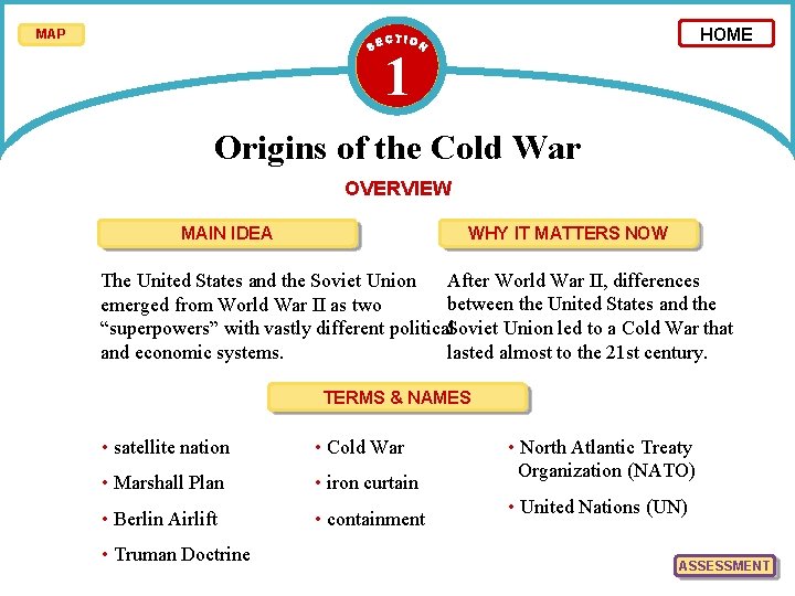 HOME MAP 1 Origins of the Cold War OVERVIEW MAIN IDEA WHY IT MATTERS