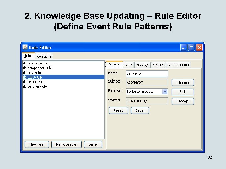 2. Knowledge Base Updating – Rule Editor (Define Event Rule Patterns) 24 