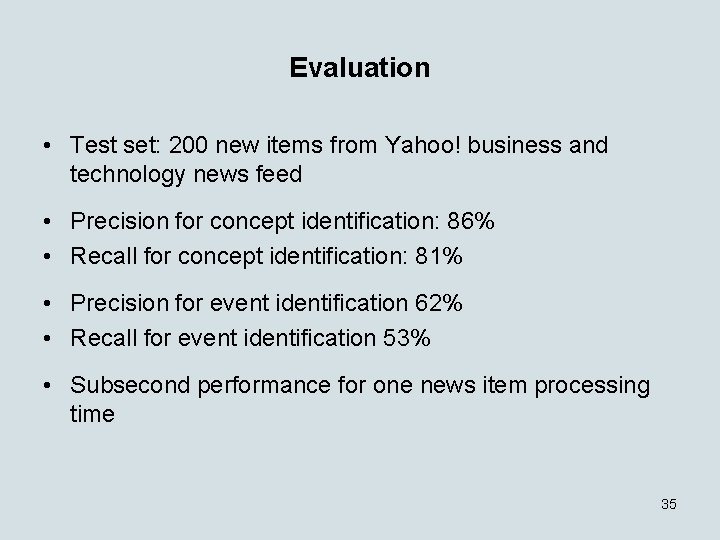 Evaluation • Test set: 200 new items from Yahoo! business and technology news feed