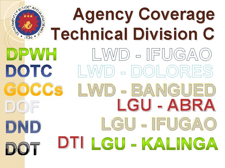 Agency Coverage Technical Division C LWD - IFUGAO LWD - DOLORES GOCCs LWD -