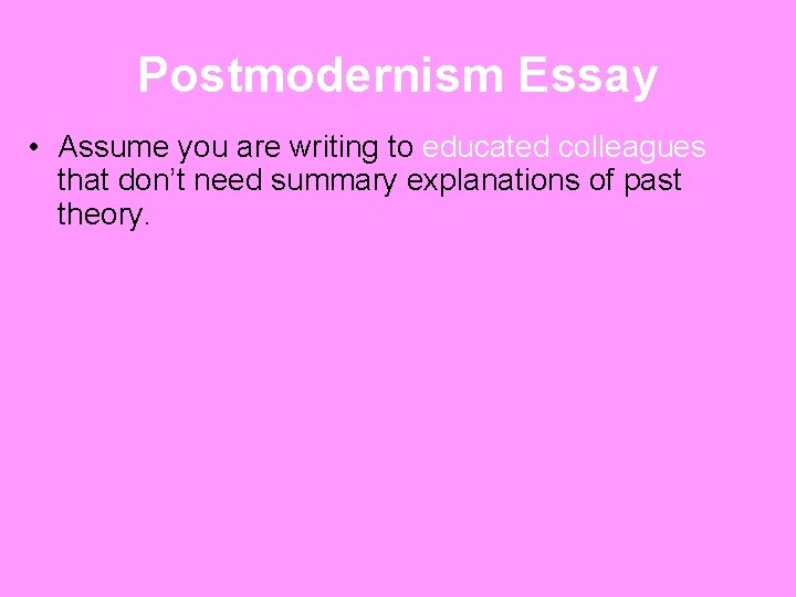 Postmodernism Essay • Assume you are writing to educated colleagues that don’t need summary