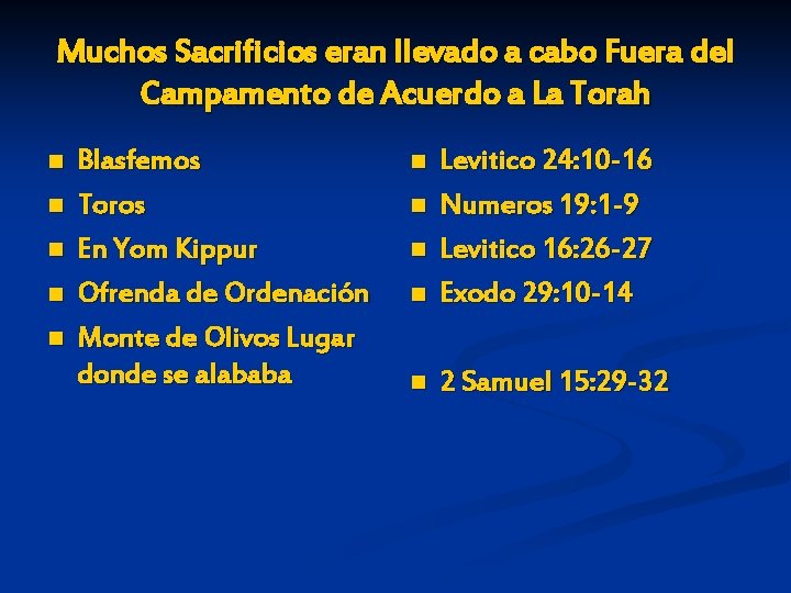 Muchos Sacrificios eran llevado a cabo Fuera del Campamento de Acuerdo a La Torah