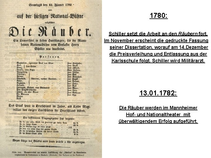  1780: Schiller setzt die Arbeit an den Räubern fort. Im November erscheint die