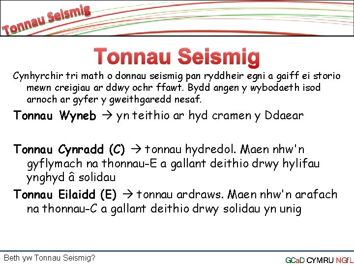 Tonnau Seismig Cynhyrchir tri math o donnau seismig pan ryddheir egni a gaiff ei