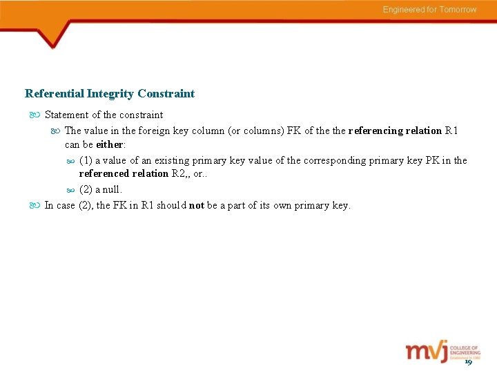 Referential Integrity Constraint Statement of the constraint The value in the foreign key column