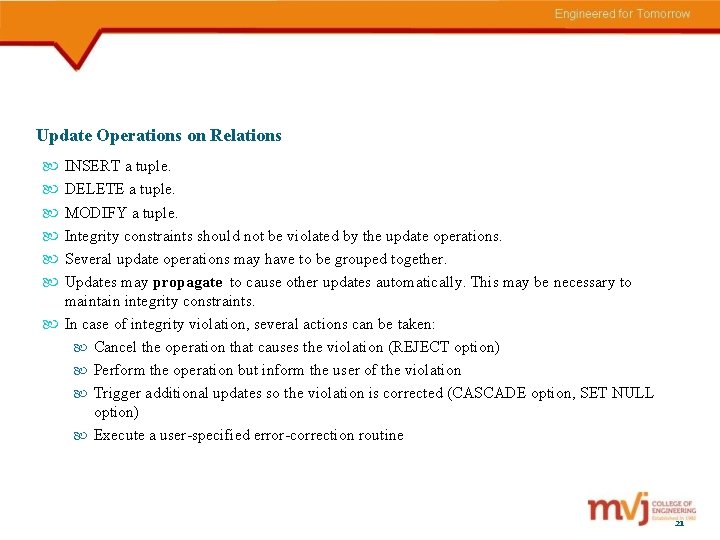 Update Operations on Relations INSERT a tuple. DELETE a tuple. MODIFY a tuple. Integrity