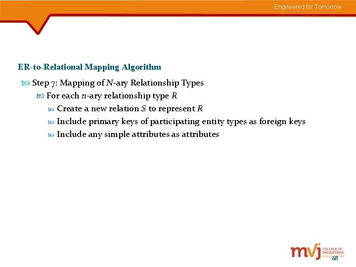 ER-to-Relational Mapping Algorithm Step 7: Mapping of N-ary Relationship Types For each n-ary relationship