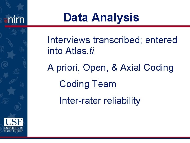 Data Analysis Interviews transcribed; entered into Atlas. ti A priori, Open, & Axial Coding