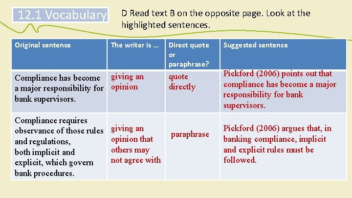 12. 1 Vocabulary Original sentence D Read text B on the opposite page. Look
