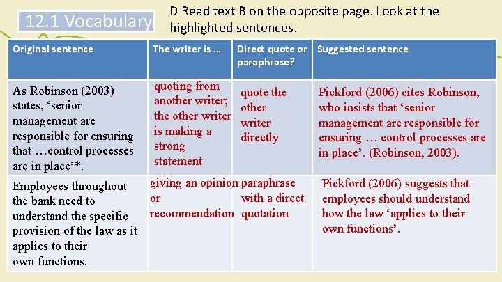 12. 1 Vocabulary D Read text B on the opposite page. Look at the