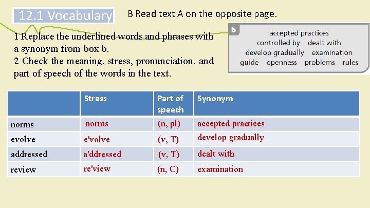 12. 1 Vocabulary B Read text A on the opposite page. 1 Replace the