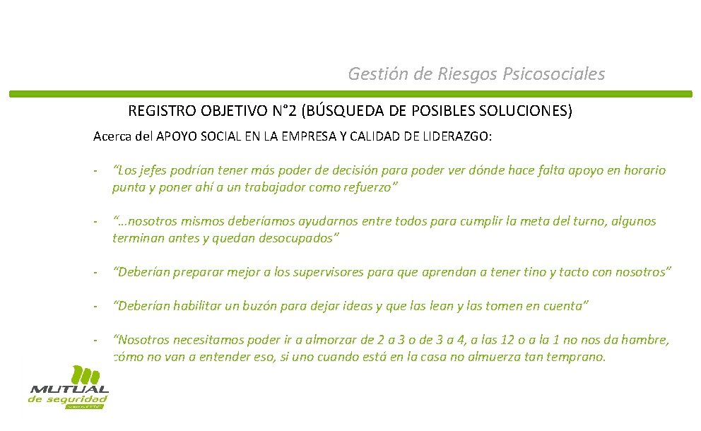 Gestión de Riesgos Psicosociales REGISTRO OBJETIVO N° 2 (BÚSQUEDA DE POSIBLES SOLUCIONES) Acerca del