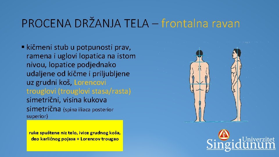 PROCENA DRŽANJA TELA – frontalna ravan § kičmeni stub u potpunosti prav, ramena i