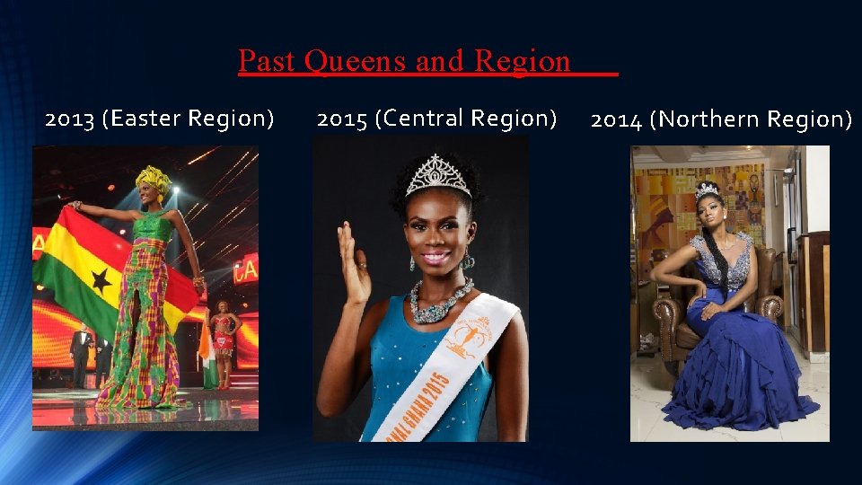 Past Queens and Region 2013 (Easter Region) 2015 (Central Region) 2014 (Northern Region) 