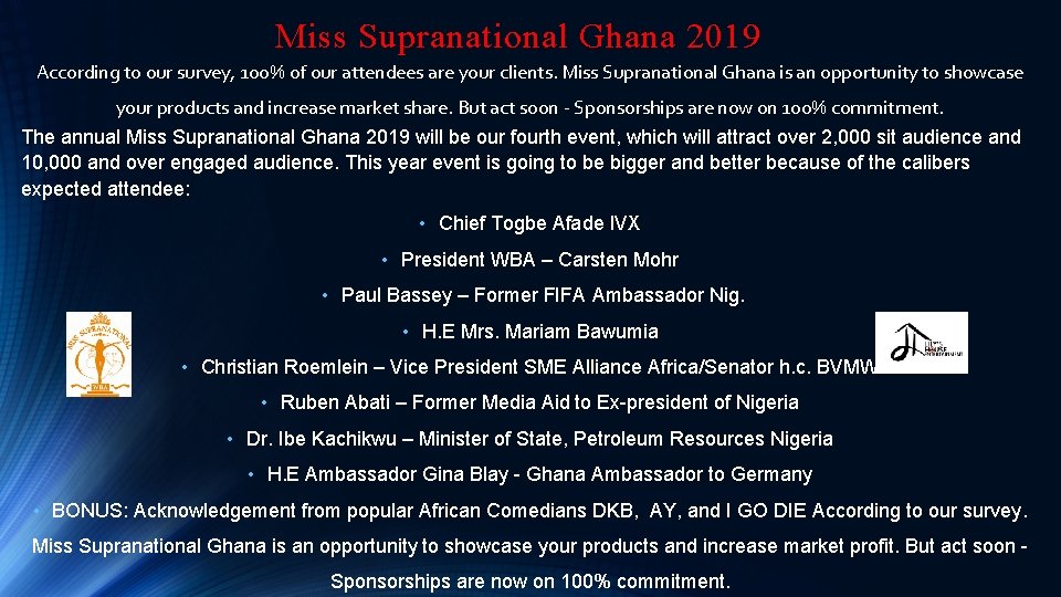 Miss Supranational Ghana 2019 According to our survey, 100% of our attendees are your