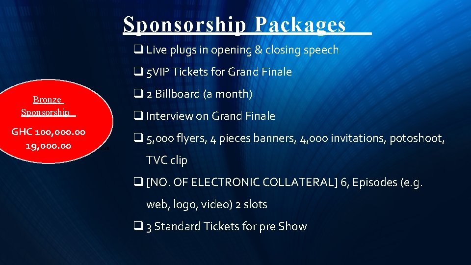 Sponsorship Packages q Live plugs in opening & closing speech q 5 VIP Tickets