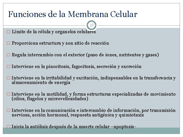 Funciones de la Membrana Celular 18 � Límite de la célula y organelos celulares