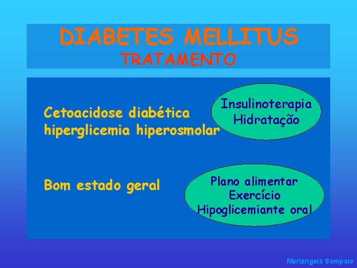 DIABETES MELLITUS TRATAMENTO Cetoacidose diabética hiperglicemia hiperosmolar Bom estado geral Insulinoterapia Hidratação Plano alimentar