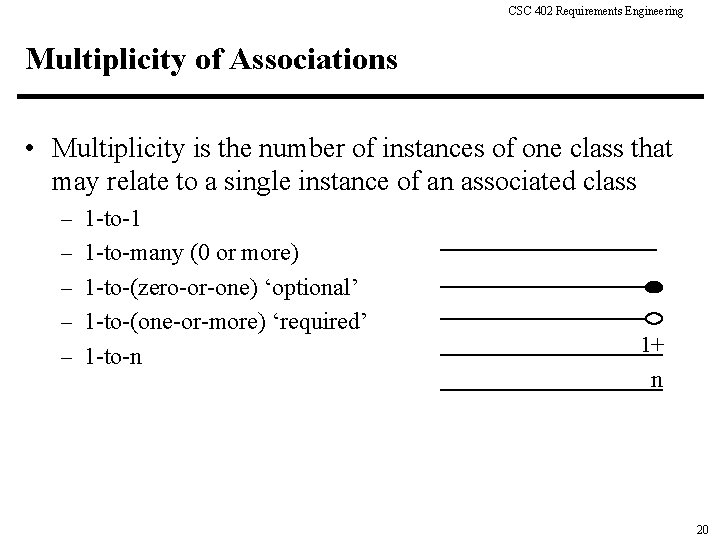 CSC 402 Requirements Engineering Multiplicity of Associations • Multiplicity is the number of instances
