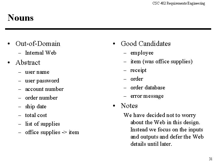 CSC 402 Requirements Engineering Nouns • Out-of-Domain – Internal Web • Abstract • Good