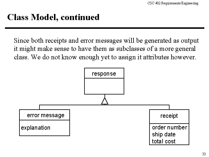 CSC 402 Requirements Engineering Class Model, continued Since both receipts and error messages will