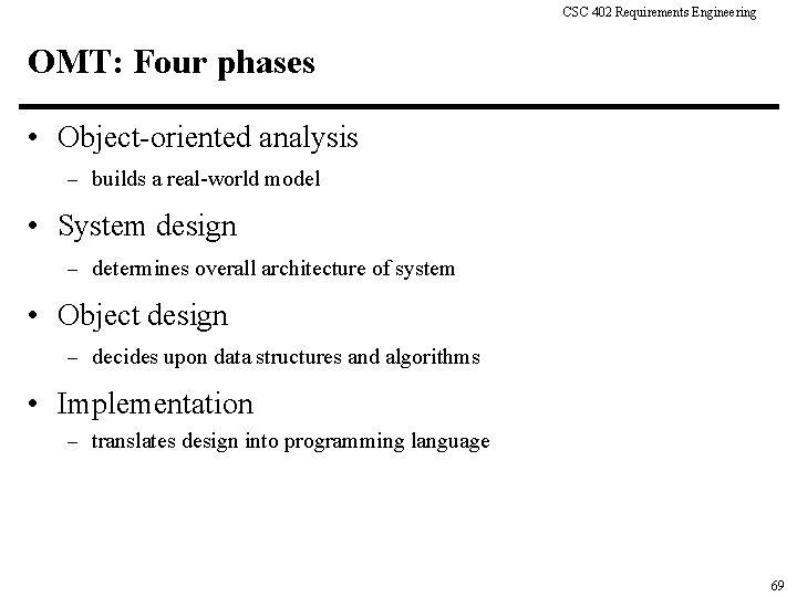 CSC 402 Requirements Engineering OMT: Four phases • Object-oriented analysis – builds a real-world