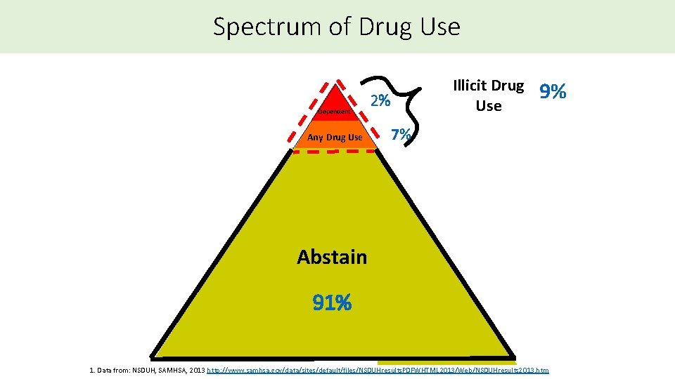 Spectrum of Drug Use Dependent Any Drug Use Illicit Drug Use 2% 9% 7%