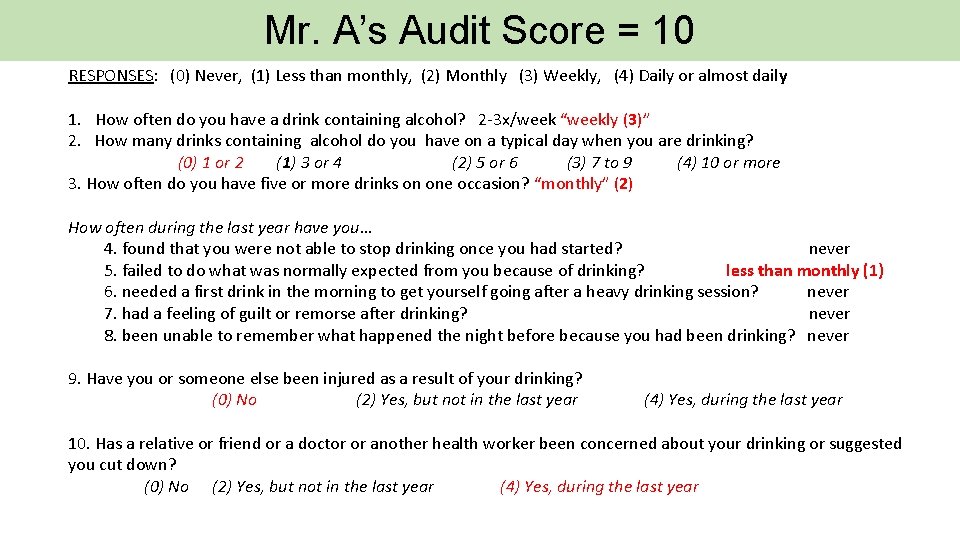 Mr. A’s Audit Score = 10 RESPONSES: (0) Never, (1) Less than monthly, (2)