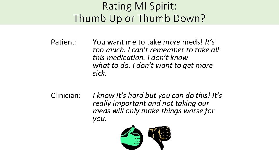 Rating MI Spirit: Thumb Up or Thumb Down? Patient: You want me to take