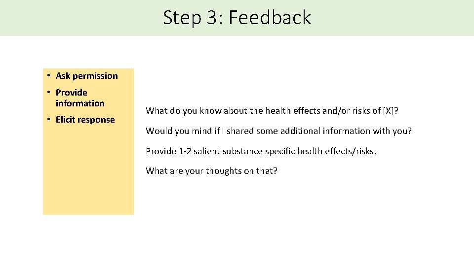 Step 3: Feedback • Ask permission • Provide information • Elicit response What do