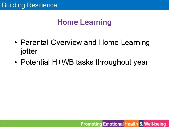 Building Resilience Home Learning • Parental Overview and Home Learning jotter • Potential H+WB