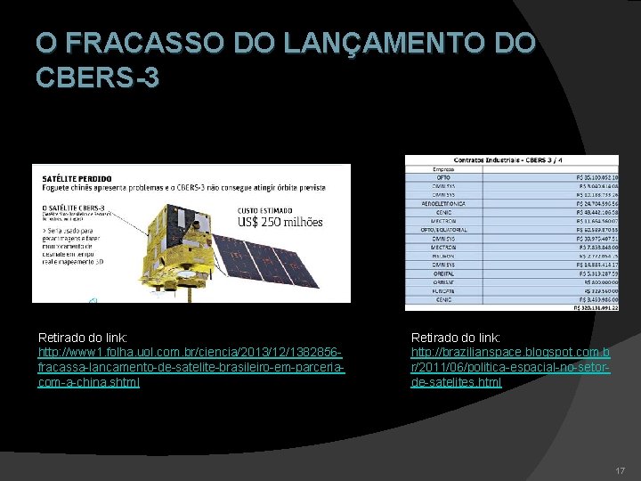O FRACASSO DO LANÇAMENTO DO CBERS-3 Retirado do link: http: //www 1. folha. uol.