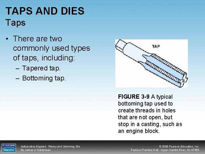 TAPS AND DIES Taps • There are two commonly used types of taps, including: