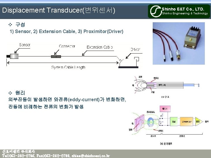 Displacement Transducer(변위센서) v 구성 1) Sensor, 2) Extension Cable, 3) Proximitor(Driver) v 원리 외부진동이