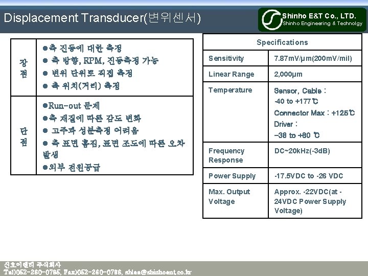 Displacement Transducer(변위센서) 장 점 Shinho E&T Co. , LTD. Shinho Engineering & Technolgy Specifications