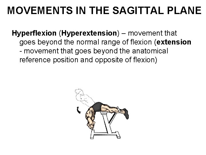 MOVEMENTS IN THE SAGITTAL PLANE Hyperflexion (Hyperextension) – movement that goes beyond the normal
