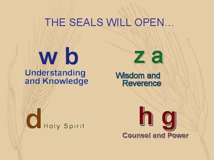 THE SEALS WILL OPEN… wb Understanding and Knowledge d Holy Spirit za Wisdom and