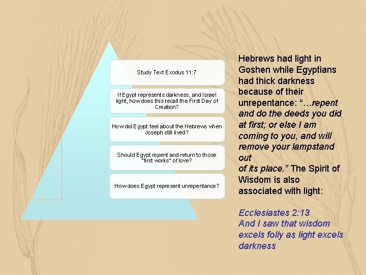 Study Text Exodus 11: 7 If Egypt represents darkness, and Israel light, how does