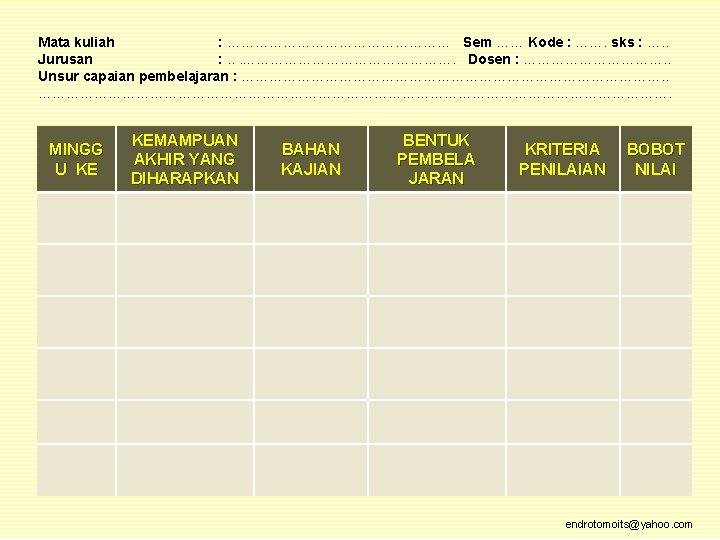 Mata kuliah : …………………… Sem …… Kode : ……. sks : …. . Jurusan