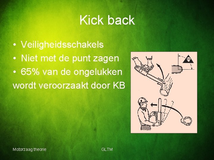 Kick back • Veiligheidsschakels • Niet met de punt zagen • 65% van de